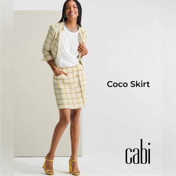 Cabi the Coco yellow & cream tweed mini button front w/pockets. Size 8. NWOT - Picture 2 of 8